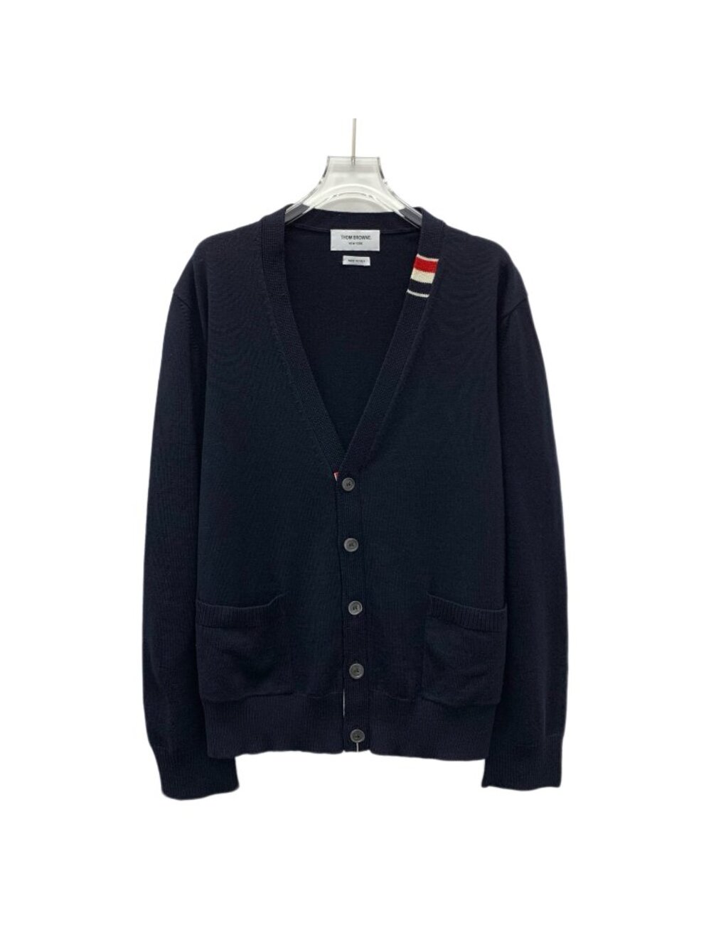 Thom Browne Navy Wool V-Neck Cardigan